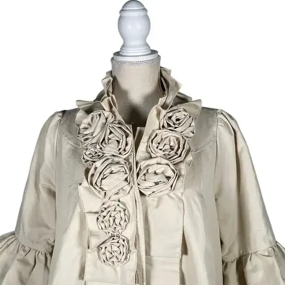 Ryu VTG Jacket Trench Coat Womens Med Cream Ruffles Lined Rosettes Boho NWOT - Picture 2 of 5